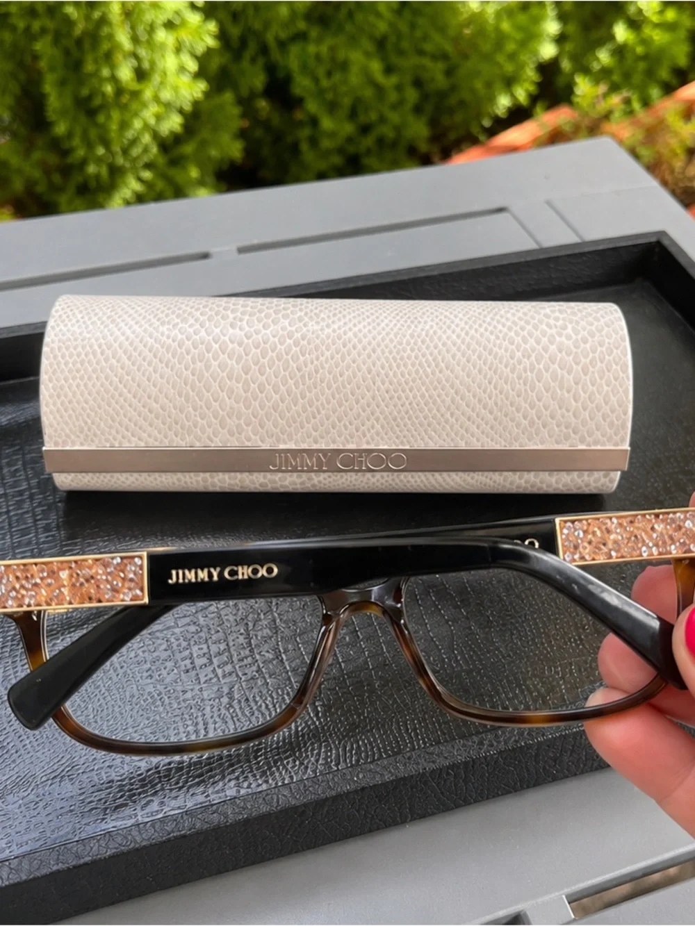 Jimmy Choo Brown Tortoise Eyeglasses w/ Crystal Gold Detail + Case